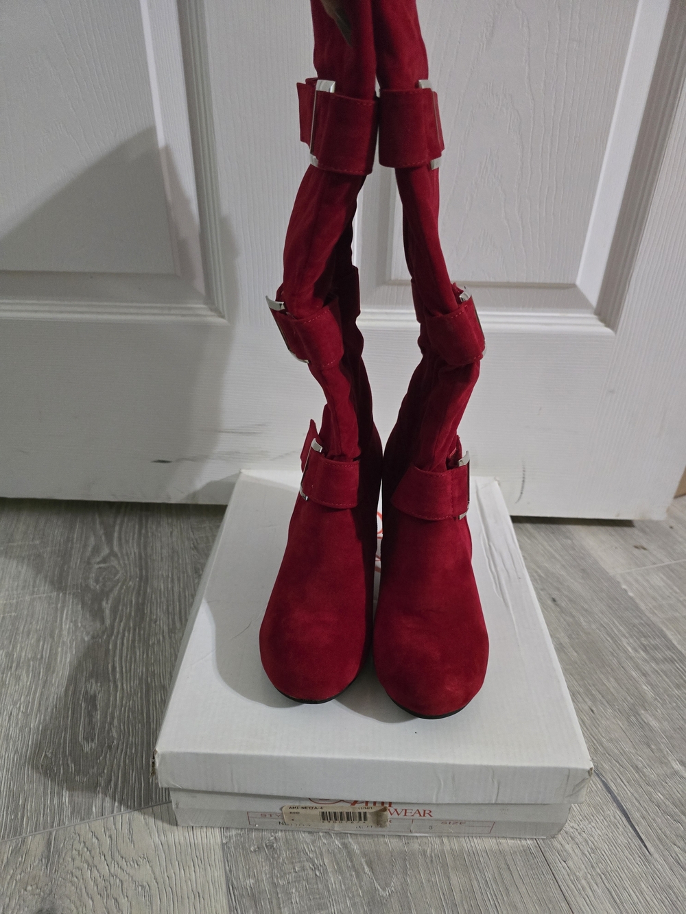 Women's Red Suede Knee-High Buckle Heeled Boots